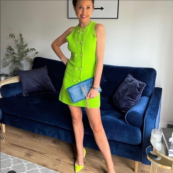 ZARA TEXTURED DRESS NEON GREEN BUTTONS XS Bloggers - Picture 8 of 16